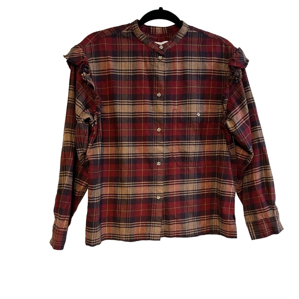 Something Navy Blouse Women Small Red Excellent Ruffle Flannel Plaid Button Down